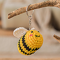 Crocheted key chain, 'Bee Happy' - Handcrafted Bee-Themed Crocheted Key Chain from El Salvador