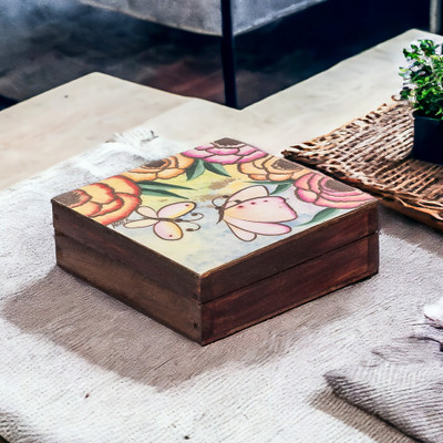 Joyero de madera - Joyero de madera de pino con temática de mariposas pintado a mano