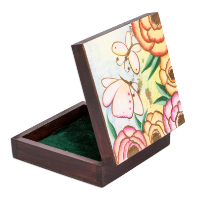 Wood jewelry box, 'Spring Butterflies' - Hand-Painted Butterfly-Themed Pinewood Jewelry Box