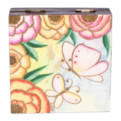 Wood jewelry box, 'Spring Butterflies' - Hand-Painted Butterfly-Themed Pinewood Jewelry Box