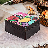 Wood tea box, 'Tropical Richness' - Hand-Painted Tropical-Themed Black Pinewood Tea Box