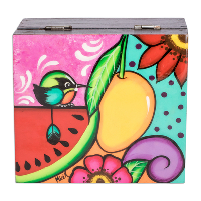 Caja de té de madera - Caja de té de madera de pino negro con temática tropical pintada a mano