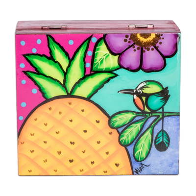 Wood tea box, 'Sweet Richness' - Hand-Painted Tropical-Themed Red Pinewood Tea Box