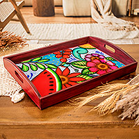 Wood tray, 'The Motmot's Spring' - Hand-Painted Tropical Bird-Themed Red Pinewood Tray
