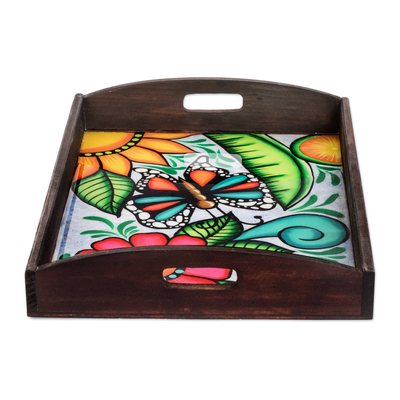 Wood tray, 'The Butterfly's Spring' - Hand-Painted Tropical Butterfly-Themed Brown Pinewood Tray