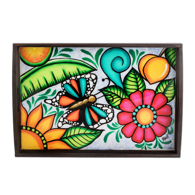 Wood tray, 'The Butterfly's Spring' - Hand-Painted Tropical Butterfly-Themed Brown Pinewood Tray