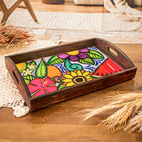 Wood tray, 'El Salvador's Spring' - Hand-Painted Tropical Floral Brown Pinewood Tray