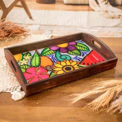 Bandeja de madera - Bandeja de madera de pino marrón floral tropical pintada a mano