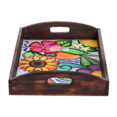 Wood tray, 'El Salvador's Spring' - Hand-Painted Tropical Floral Brown Pinewood Tray