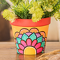 Ceramic flower pot, 'Tropical Era' - Hand-Painted Naif Floral Orange Ceramic Flower Pot