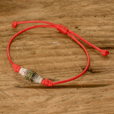 Recycled paper pendant bracelet, 'Earth's Riches in Red' - Red Recycled Paper Pendant Bracelet with Adjustable Cord