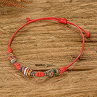Recycled paper beaded bracelet, 'Fire Energy' - Eco-Friendly Recycled Paper Beaded Bracelet in Red