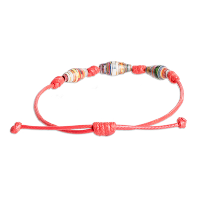 Recycled paper beaded bracelet, 'Fire Energy' - Eco-Friendly Recycled Paper Beaded Bracelet in Red