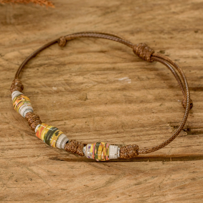 Recycled paper beaded bracelet, 'World Energy' - Eco-Friendly Recycled Paper Beaded Bracelet in Brown