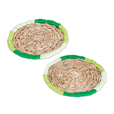 Natural fiber coasters, 'Immortal Salvador' (pair) - Handcrafted Round Green Natural Fiber Coasters (Pair)