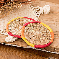 Natural fiber coasters, 'Joyous Salvador' (pair) - Handcrafted Round Warm-Toned Natural Fiber Coasters (Pair)