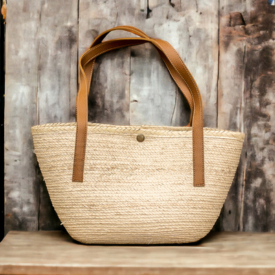 Canvas Bag w Leather Shoulder Straps 20x15x5in | Natural