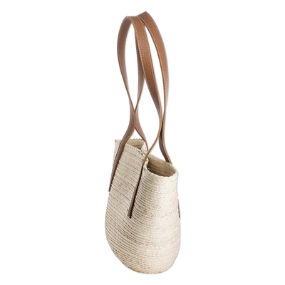 Natural fiber shoulder bag, 'Sun & Sea' - Handmade Natural Fiber Shoulder Bag with Faux Leather Straps