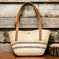 Natural fiber shoulder bag, 'Sun & Evening' - Handmade Natural Fiber Shoulder Bag with Brown Stripes