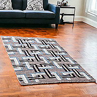 Wool area rug, 'Guatemalan Geometry' - Hand-Woven Geometric Grey Blue Black & Ivory Wool Area Rug