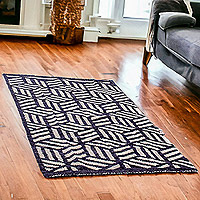 Wool area rug, 'Light and Shadow' - Hand-Woven Geometric Wool Area Rug in Navy Blue and Ivory
