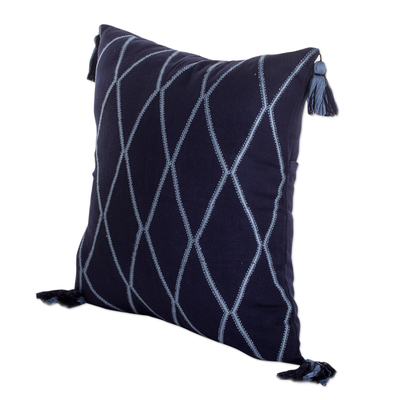 Cotton cushion cover, 'Midnight of Diamonds' - Diamond-Patterned Midnight and Cerulean Cotton Cushion Cover