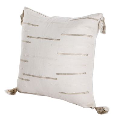 Embroidered cotton cushion cover, 'Forest Glades' - Modern Embroidered Ivory Cotton Cushion Cover with Tassels