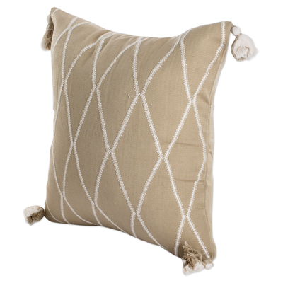 Cotton cushion cover, 'Sage of Diamonds' - Diamond-Patterned Sage and Ivory Cotton Cushion Cover