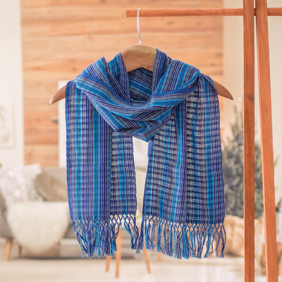 Cotton scarf, 'Blue Cascade' - Handwoven Cotton Scarf with Fringes and Stripes in Blue Hues