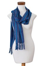 Cotton scarf, 'Blue Cascade' - Handwoven Cotton Scarf with Fringes and Stripes in Blue Hues