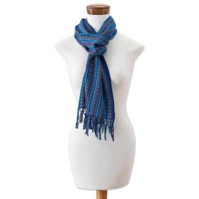 Cotton scarf, 'Blue Cascade' - Handwoven Cotton Scarf with Fringes and Stripes in Blue Hues