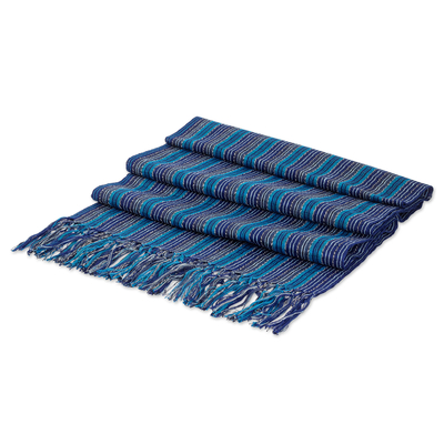 Baumwollschal - Handgewebter Baumwollschal mit Fransen und Streifen in Blautönen