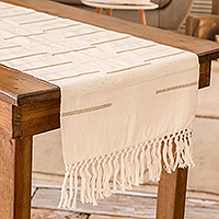Cotton table runner, 'Forest Clearing' - Hand-Woven Ivory Cotton Table Runner with Stripes & Fringes