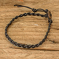 Men's leather braided bracelet, 'Indomitable Jungle' - Handcrafted Men's Adjustable Black Leather Braided Bracelet