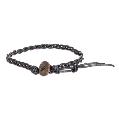 Men's leather braided bracelet, 'Indomitable Jungle' - Handcrafted Men's Adjustable Black Leather Braided Bracelet