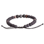 Men's hematite and volcanic stone beaded bracelet, 'Inner Protector' - Men's Volcanic Stone Beaded Bracelet with Hematite Jewel