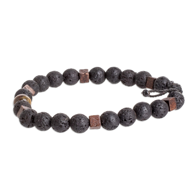 Men's tiger's eye and volcanic stone beaded bracelet, 'Inner Warrior' - Men's Volcanic Stone Beaded Bracelet with Tiger's Eye Jewel