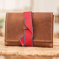 Leather cable case, 'Claret Keeper' - Brown Leather Cable Case with Claret Cotton Textile