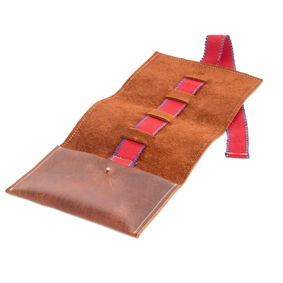 Leather cable case, 'Claret Keeper' - Brown Leather Cable Case with Claret Cotton Textile
