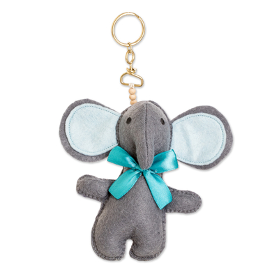Fleece keychain, 'Petite Elephant' - Handcrafted Fleece Elephant Keychain with Brass Ring