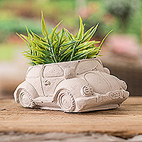 Cement flower pot, 'Evergreen Beetle' - Handcrafted Whimsical Classic Beetle Cement Flower Pot