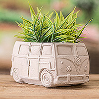 Cement flower pot, 'Evergreen Van' - Handcrafted Whimsical Classic Van Cement Flower Pot