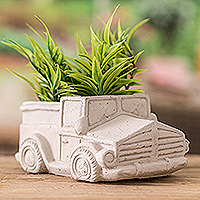 Cement flower pot, 'Evergreen Truck' - Handcrafted Whimsical Classic Truck Cement Flower Pot