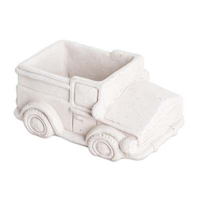Cement flower pot, 'Evergreen Truck' - Handcrafted Whimsical Classic Truck Cement Flower Pot