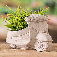 Cement flower pot, 'Evergreen Scooter' - Handcrafted Whimsical Classic Scooter Cement Flower Pot