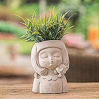 Cement flower pot, 'Love & Tenderness' - Handcrafted Whimsical Girl and Cat Cement Flower Pot
