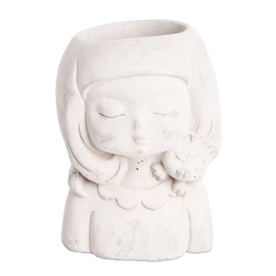 Cement flower pot, 'Love & Tenderness' - Handcrafted Whimsical Girl and Cat Cement Flower Pot
