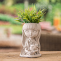 Cement flower pot, 'Wisdom & Resilience' - Handcrafted Whimsical Girl and Teddy Bear Cement Flower Pot