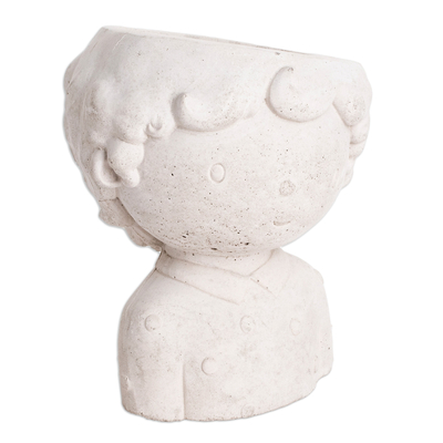 Cement flower pot, 'Little Prince' - Handcrafted Whimsical Boy Cement Flower Pot from El Salvador
