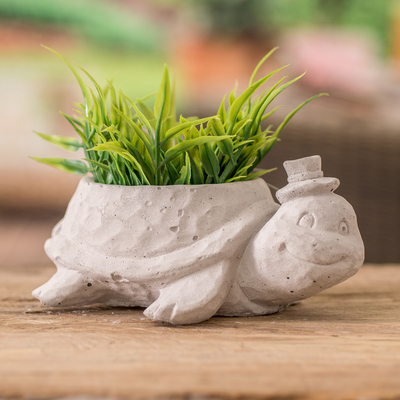Cement flower pot, 'Happy Carapace' - Handcrafted Turtle-Themed Cement Flower Pot from El Salvador